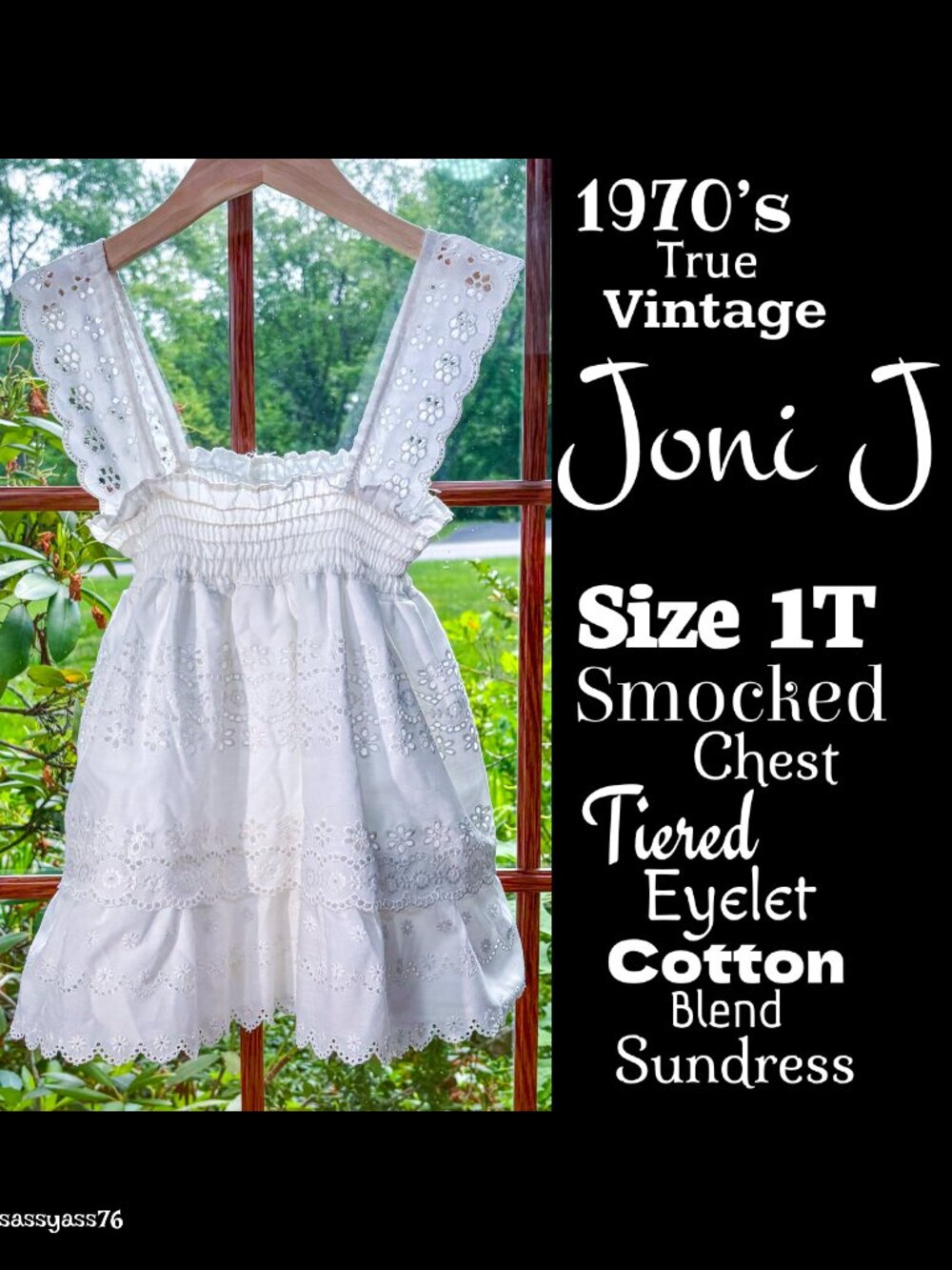 🆕VTG▪️JONI J▪️70s Size 1T White Smocked Chest Tiered Eyelet Cotton Blend Dress